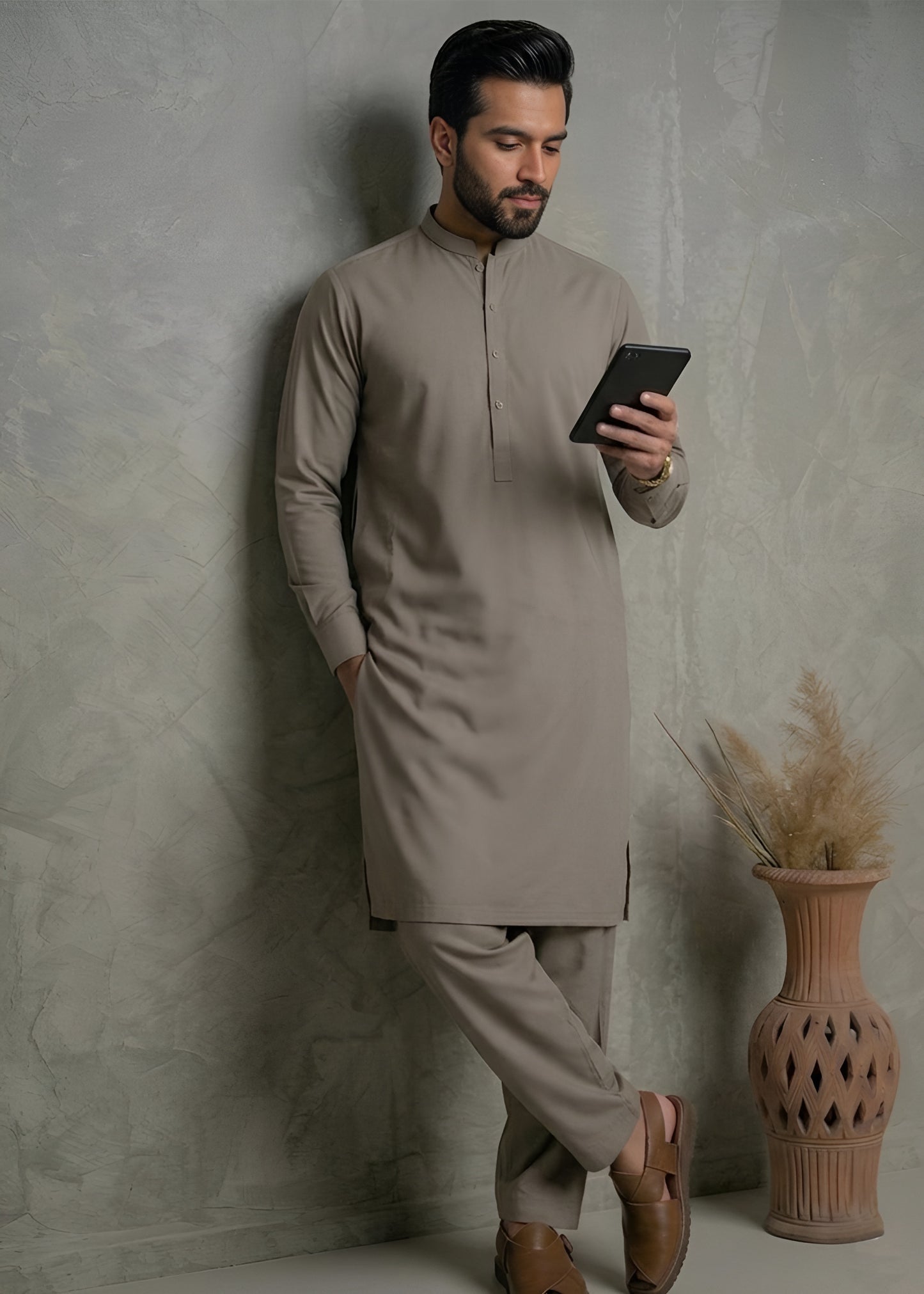 Ash Brown Wash & Wear Shalwar Kameez