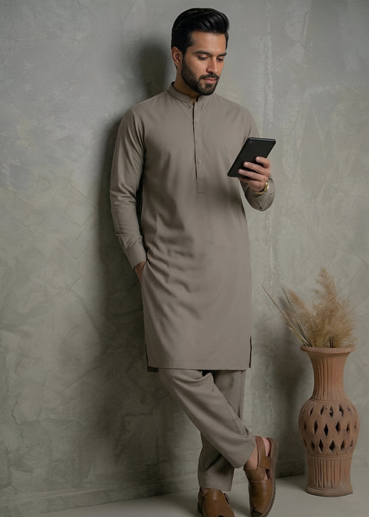 Ash Brown Wash & Wear Shalwar Kameez